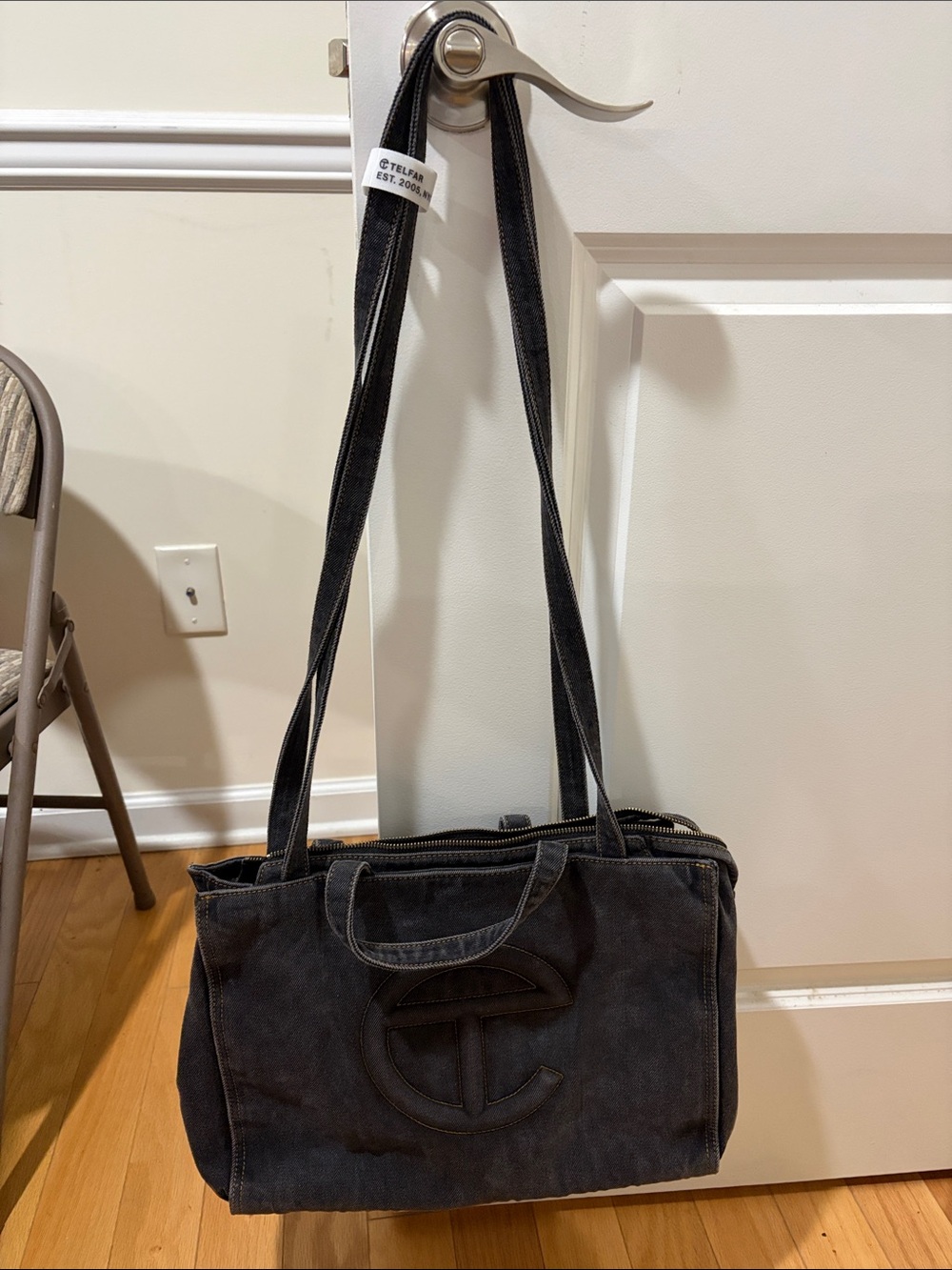 Telfar Large Black Jean Canvas Tote Bag Embossed Logo used once! Make offer!